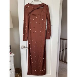 Glam Terracotta Brown Pearl Embellished Cutout Long Sleeve Bodycon Maxi Dress